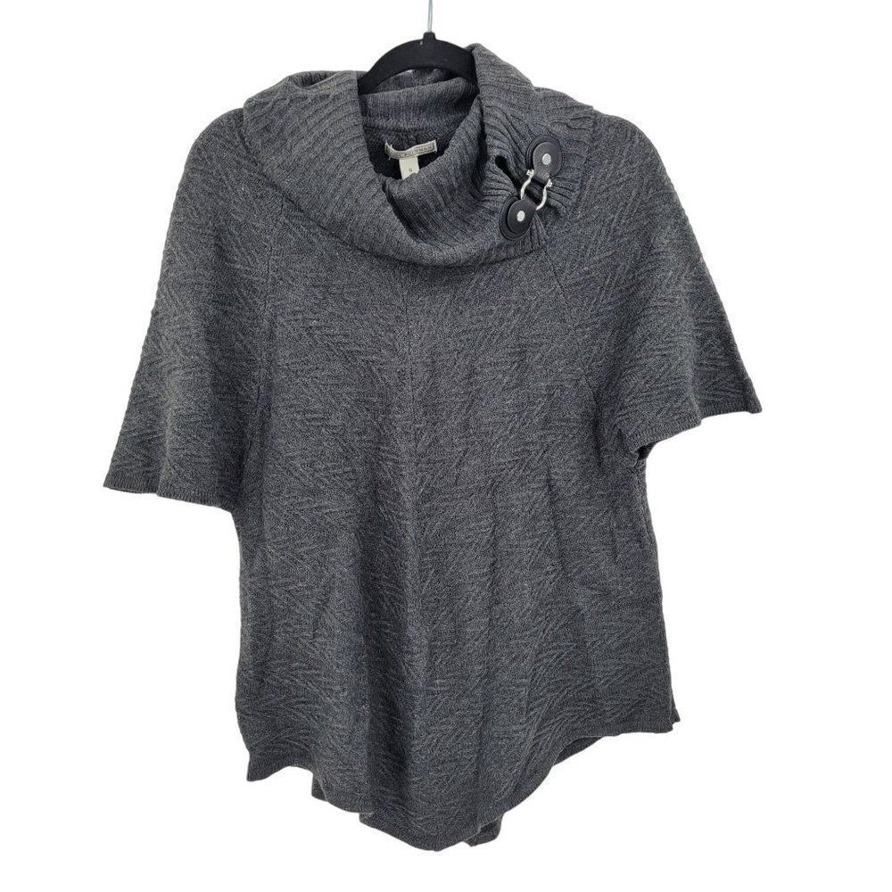 Dana Buckman Cowl‎ Poncho Sweater Top S Gray Leather Metal Detail Textured